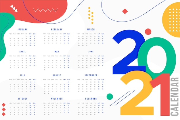 Vettore calendario del nuovo anno 2021 design piatto