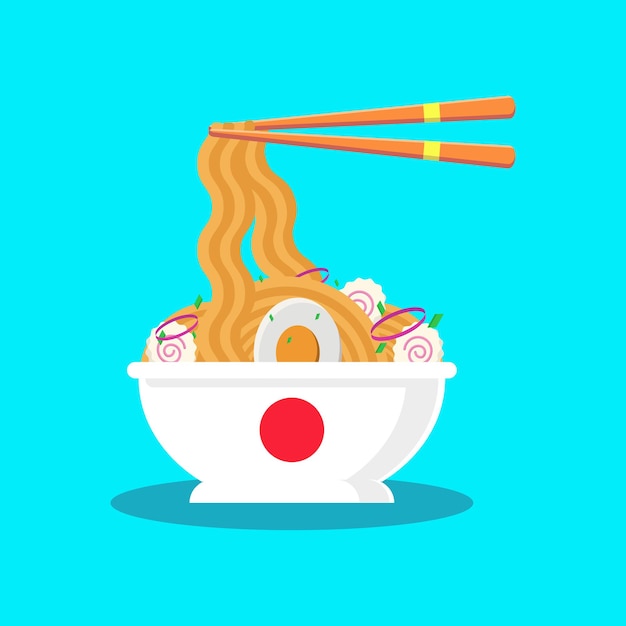 Vettore illustrazione di ramen di noodle dal design piatto con topping all'uovo narutomaki porro e cipolla