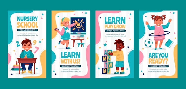 Vector flat design nursery school instagram stories set