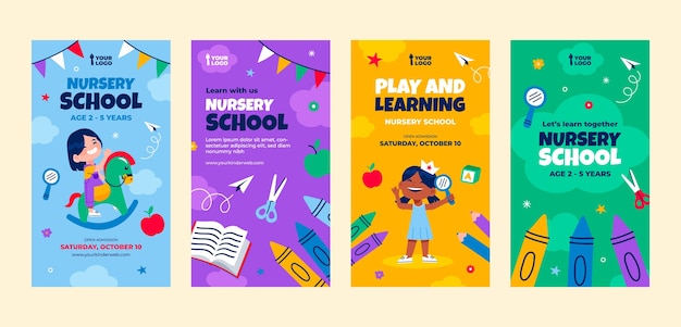 Vector flat design nursery school instagram stories