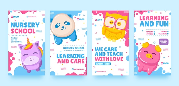 Vector flat design nursery school instagram stories