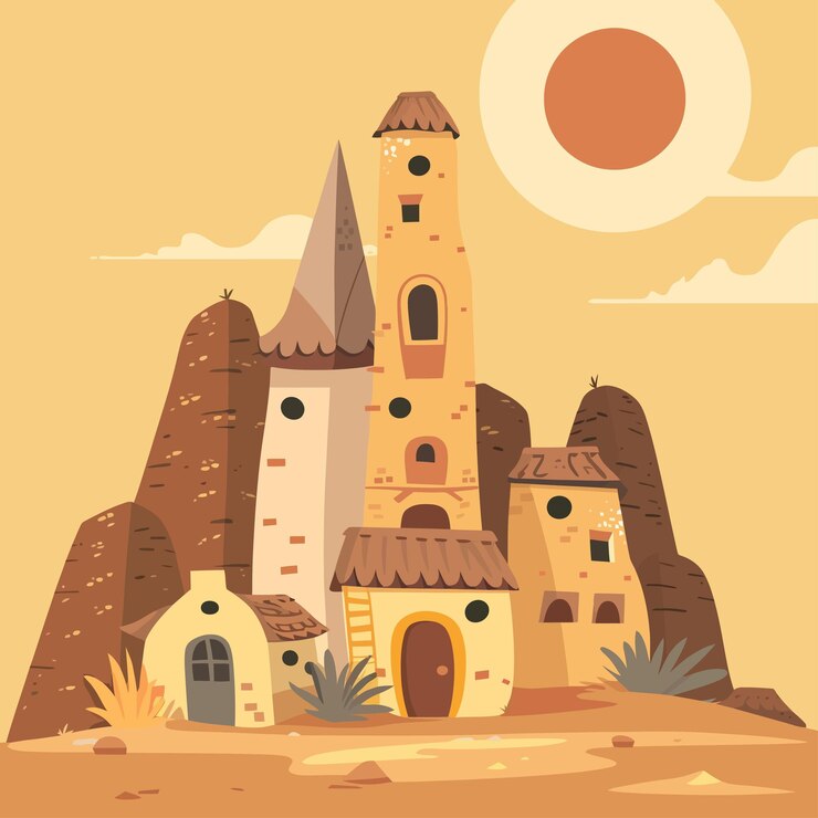Vector flat_design_of_mud_houses_village_with_obelisk