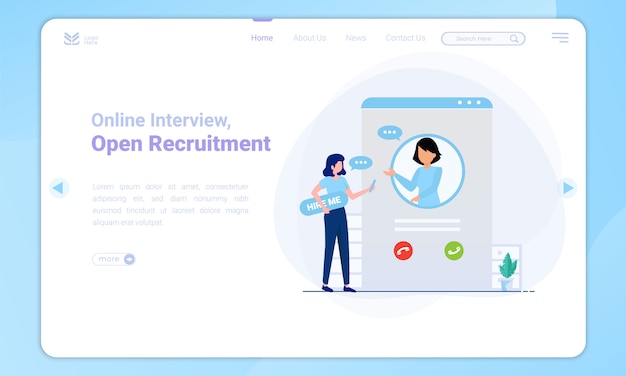 Flat design of online interview on landing page template