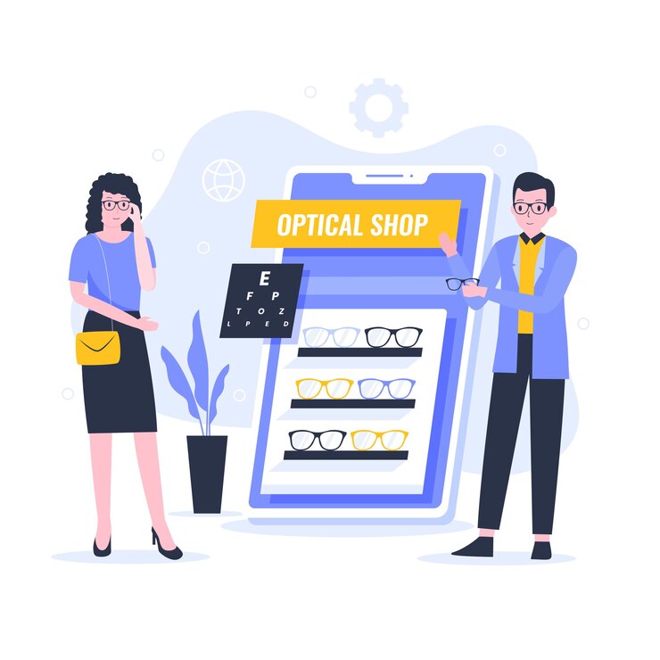 Vector 웹 사이트 방문 페이지 모바일 앱 포스터 및 배너를 위한 온라인 광학 상점의 평면 디자인