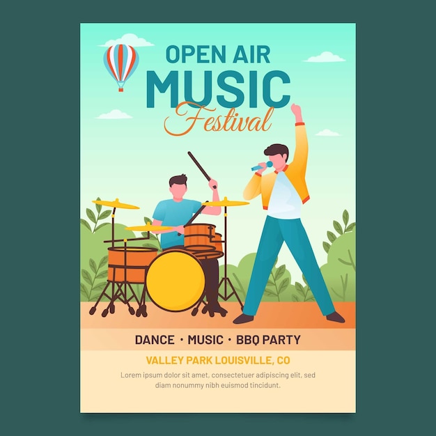 Плоский дизайн плаката музыкального фестиваля под открытым небом