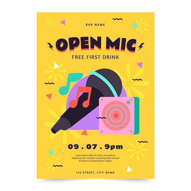 Flat design open mic poster design