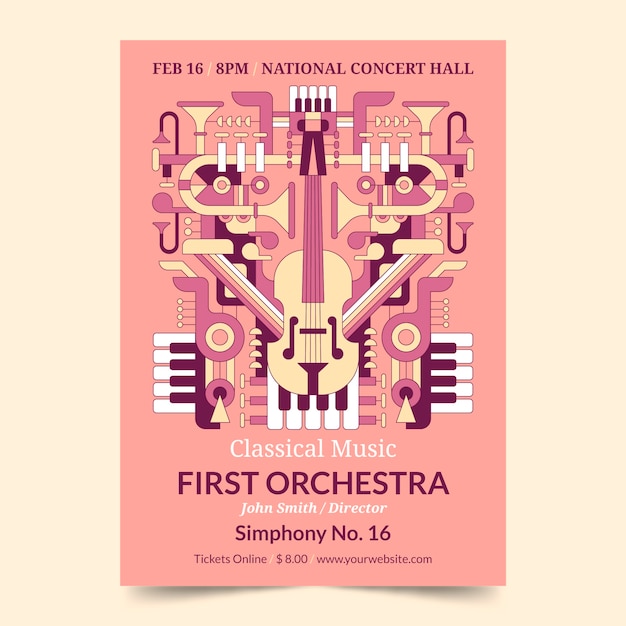 평평한 디자인 오케스트라 콘서트 포스터