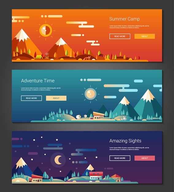 flat design outdoors activity and tourism landscapes banners set