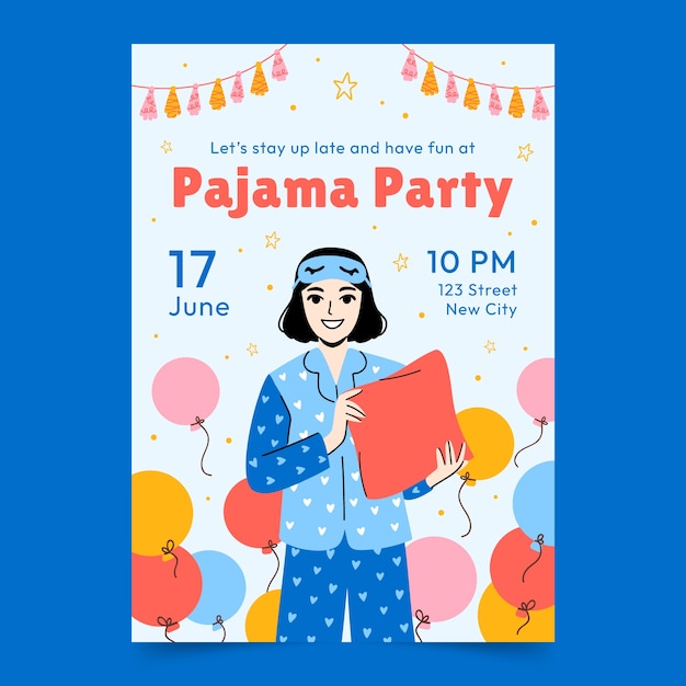 Вектор Шаблон плаката вечеринки в пижаме с плоским дизайном