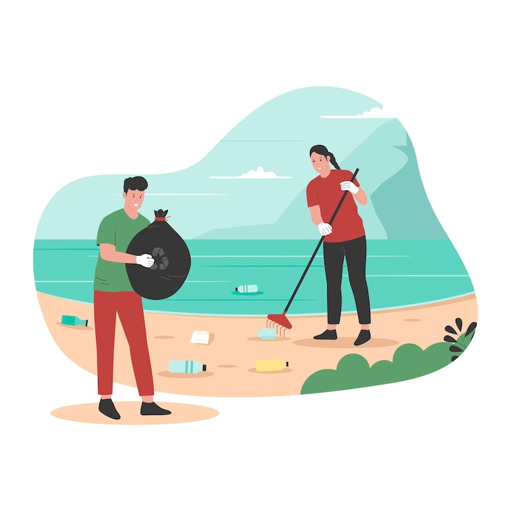 Vector flat design of people cleaning up beach from wastes