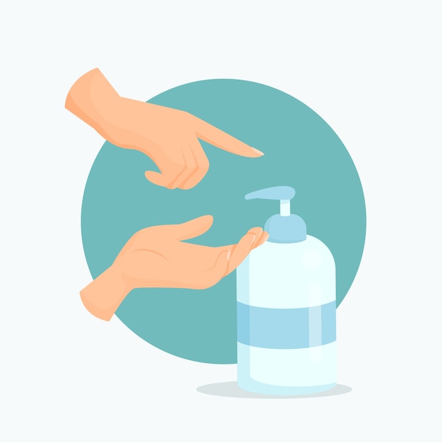 Flat design person using hand sanitizer