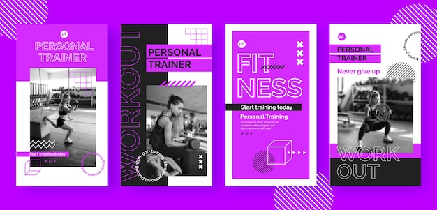 Set di storie di instagram di personal trainer dal design piatto