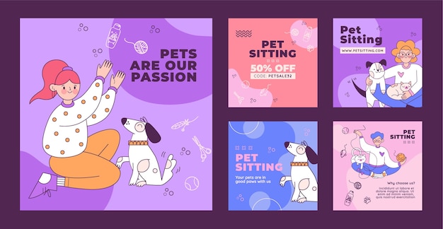 Vector flat design pet sitting instagram post pack