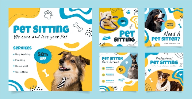 Flat design pet sitting instagram post set