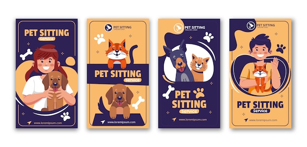 Flat design pet sitting instagram stories pack