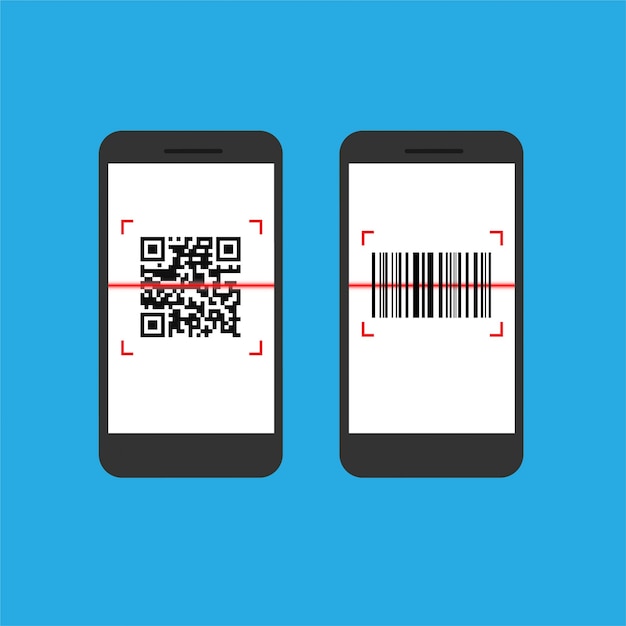 Design piatto del telefono con codice qr e codice a barre sullo schermo.