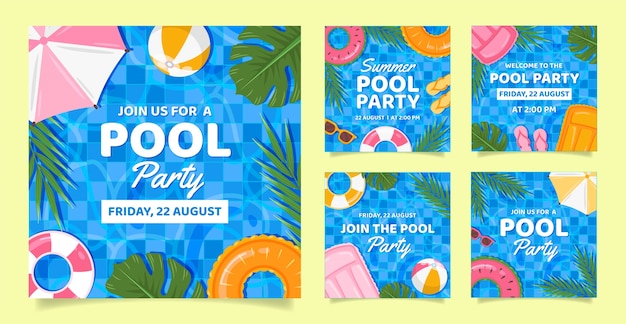 Flat design of pool party instagram posts template