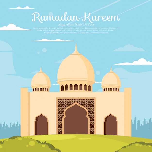 Sfondo di ramadan kareem design piatto con moschea