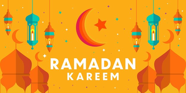 flat design ramadan kareem horizontal banner illustration with mosque lanterns moon and stars