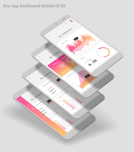 App mobile di admin dashboard ui dal design piatto reattivo con mockup 3d