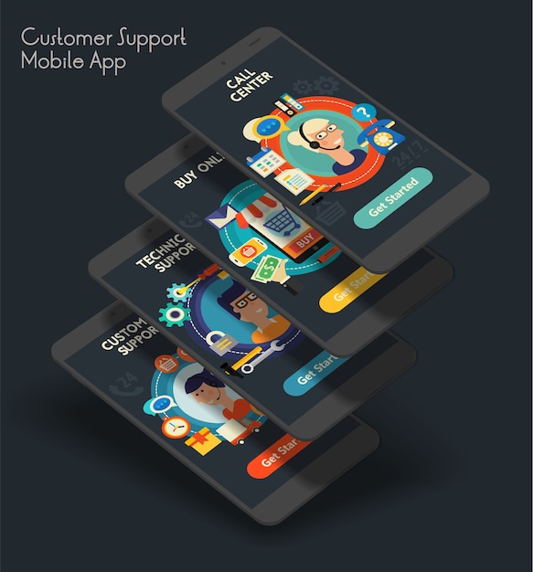 Vector flat design responsive customer service ui mobile app splash screens