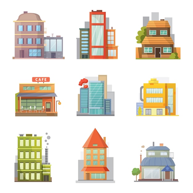 Vector flat design of retro and modern city houses