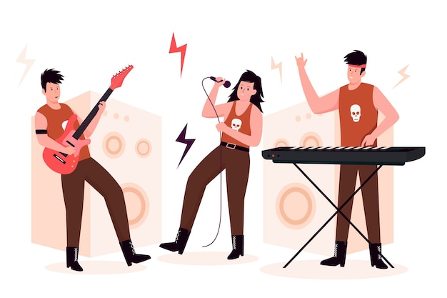 Vector flat design of rock music band performance on stage