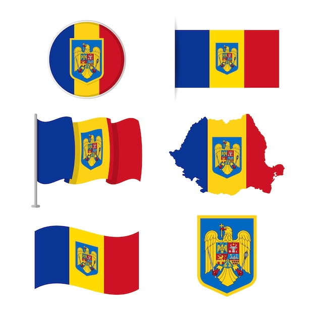 Vettore design piatto bandiera rumena e collezione di emblemi nazionali