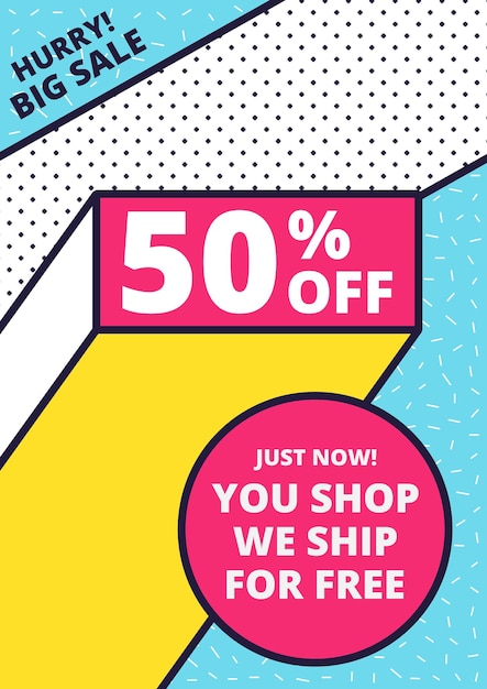 Vector flat design sale website banner template. bright colorful vector illustrations for social media, posters, email, print, ads designs, promotional material. yellow pink blue black and white