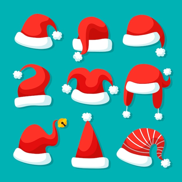 Vettore insieme dell'illustrazione del cappello di babbo natale design piatto