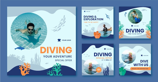 Flat design scuba diving instagram posts set