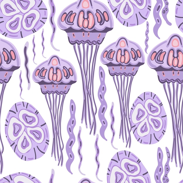 Flat design seamless pattern with jellyfish purple