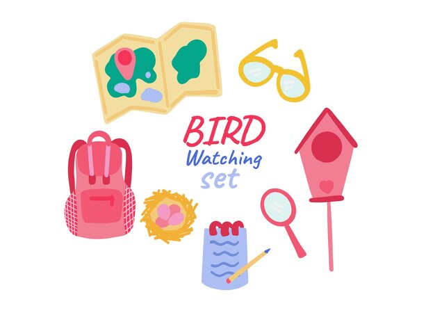 Flat design set of bird watching with bag loop and map