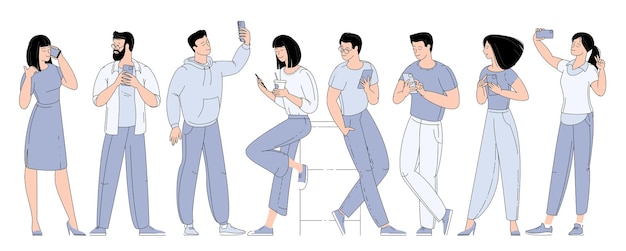 Flat design set of man and woman characters with smartphones