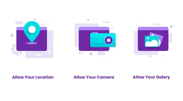 위치, 카메라, 갤러리 허용의 평면 디자인 세트. 웹사이트, 랜딩 페이지, 모바일 앱, 포스터 및 배너용 일러스트레이션