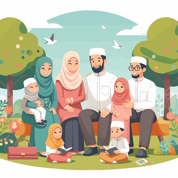 Un disegno piatto di una famiglia musulmana della sharia nell'eid mubarak e nel ramadan