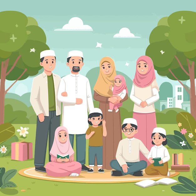 a flat design of sharia muslim family in eid mubarak and ramadan