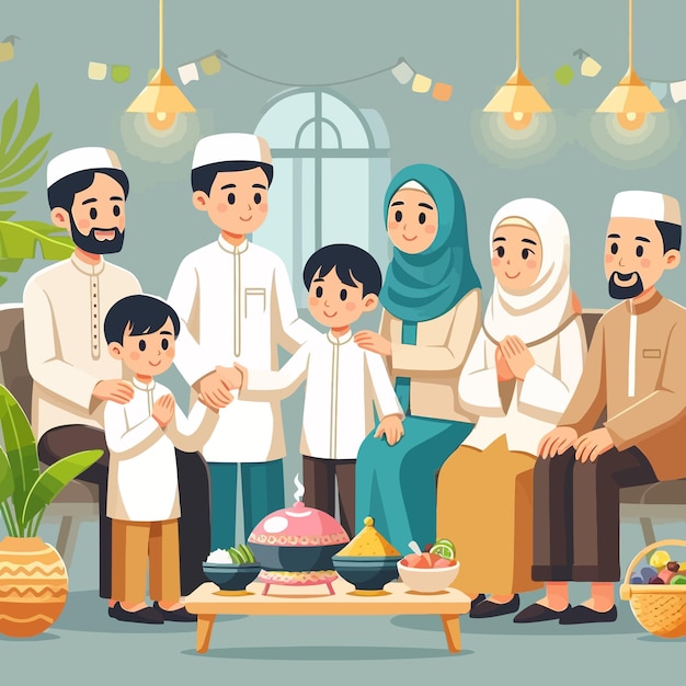 Vettore un disegno piatto di una famiglia musulmana della sharia nell'eid mubarak e nel ramadan