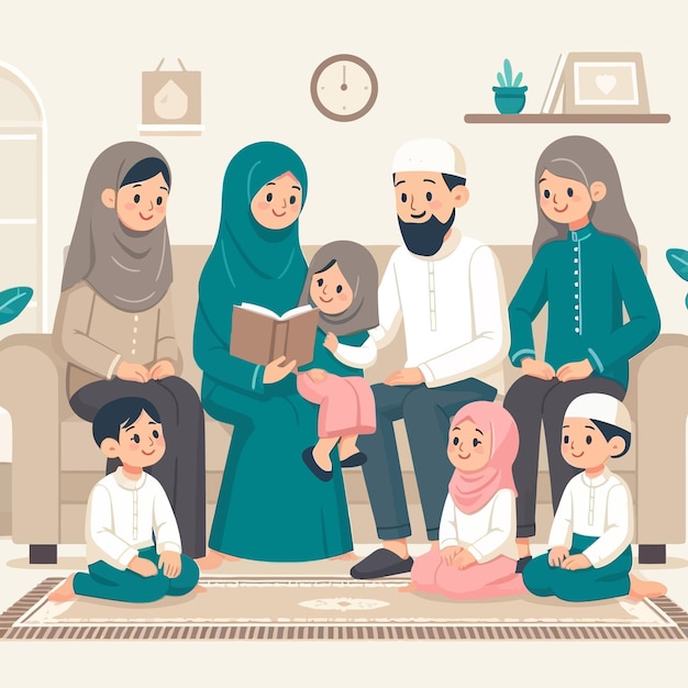 Vector a flat design of sharia muslim family in eid mubarak and ramadan