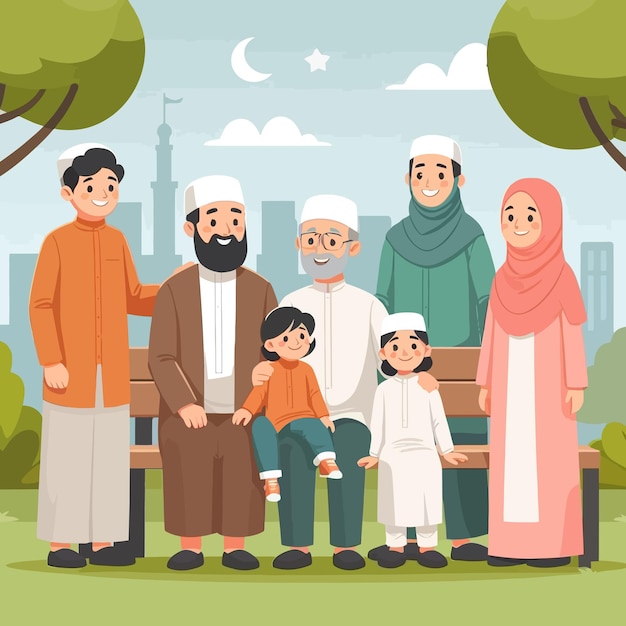 a flat design of sharia muslim family in eid mubarak and ramadan