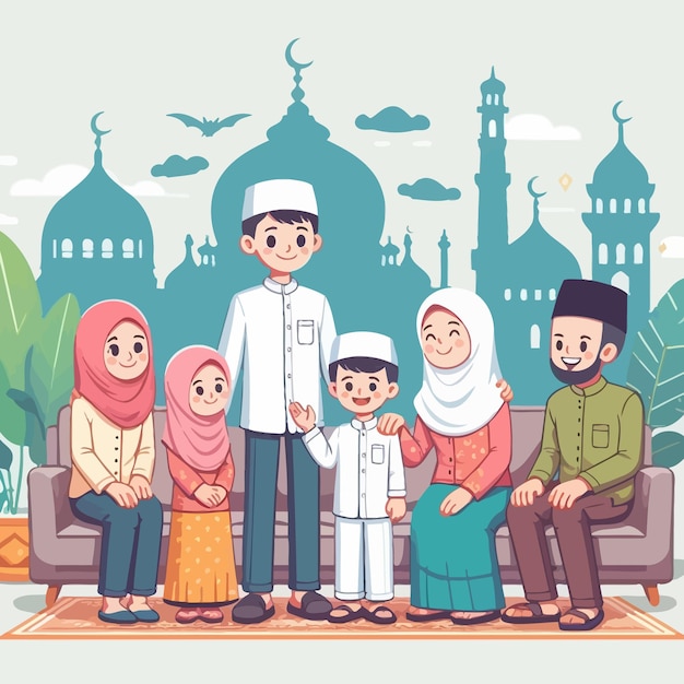 a flat design of sharia muslim family in eid mubarak and ramadan