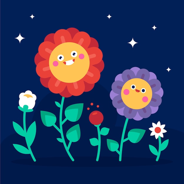 フラットなデザインのスマイリーフェイスの花のイラスト