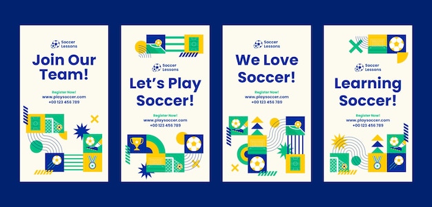 Storie geometriche di instagram di calcio dal design piatto