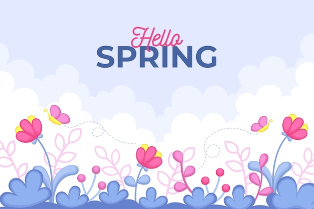 Flat design spring background and flowers and butterfly