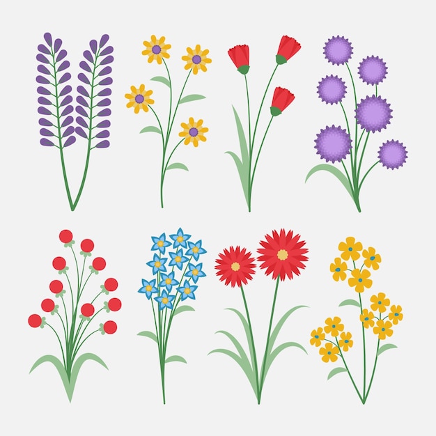 Вектор Весенний цветочный набор в плоском дизайне
