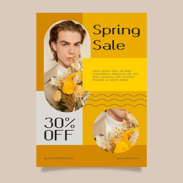 Vettore modello di volantino di vendita primavera design piatto con foto