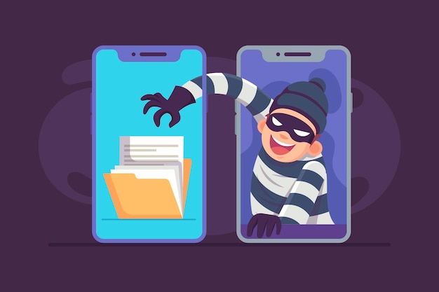 Vector flat design steal data illustration with thief and phones