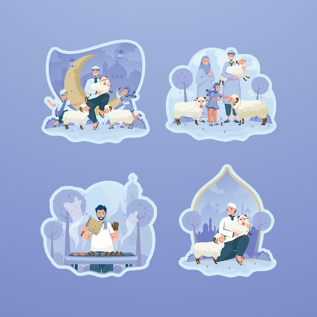 Flat design sticker set of Muslim celebrate Islamic Eid Adha