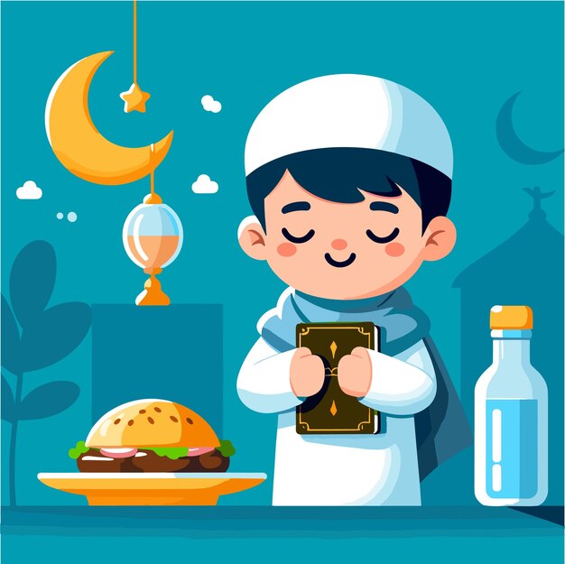 A flat design style of kid fasting in ramadan month