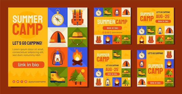 Вектор Плоский дизайн летнего лагеря в instagram пост